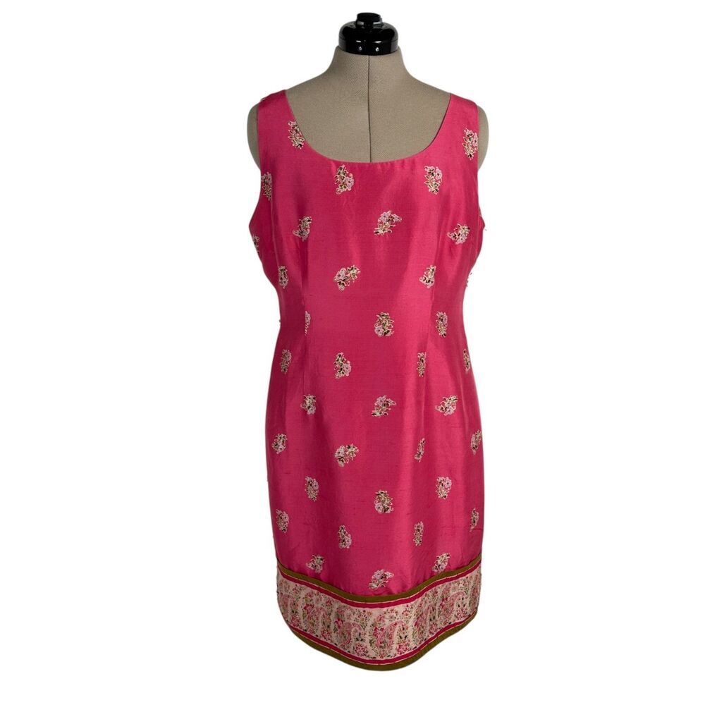 Silk Club Sleeveless Shift Dress12 Pink Corral Beaded Floral 80's 90's Retro